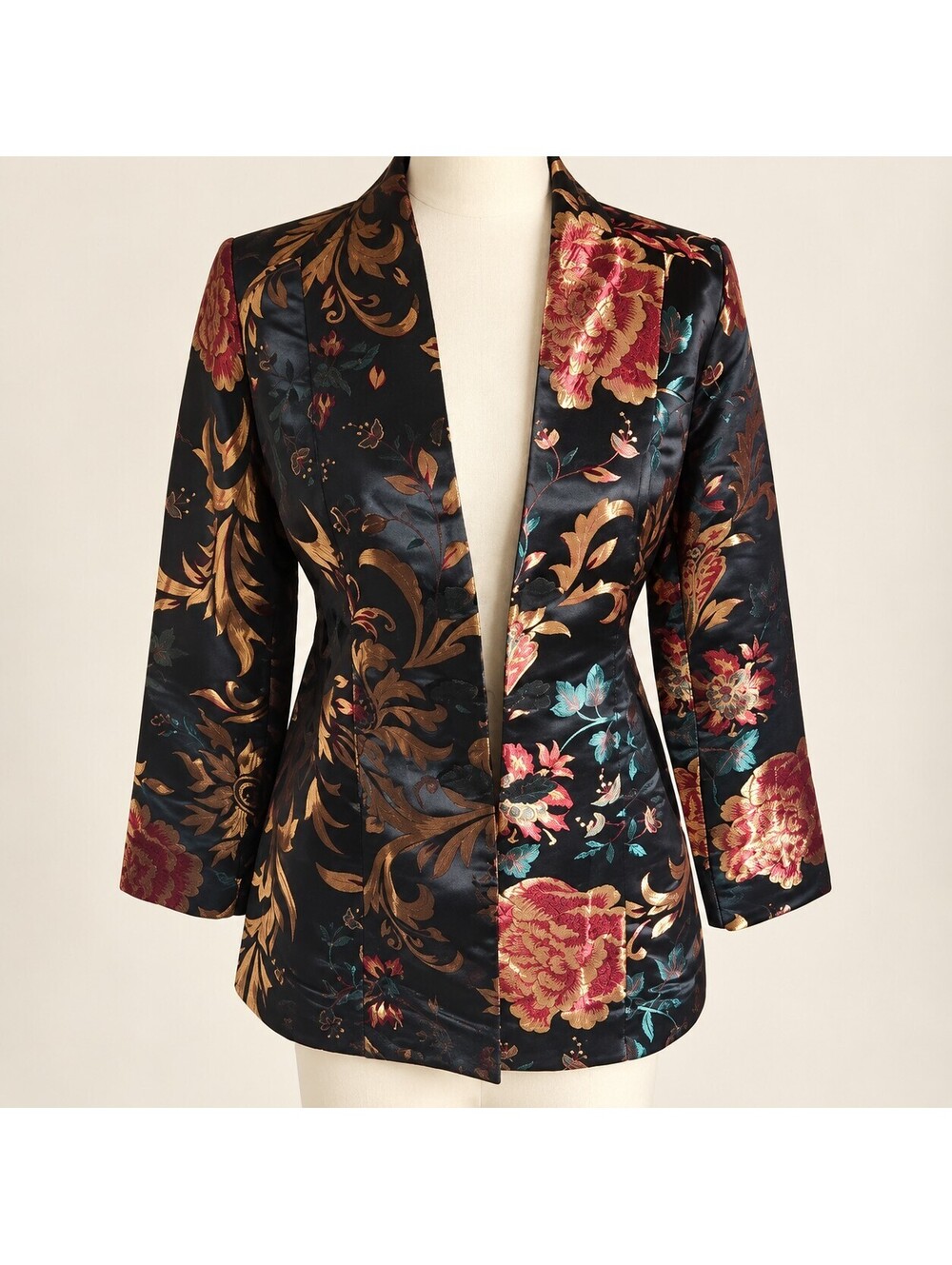 Soft Surroundings Black Metallic Floral Long Blazer Jacket Size Small